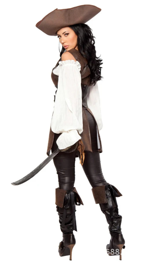 Pirate Costumes Women Pirate Cosplay Patent Leather Vintage Top Vest Pants Hat Belt 5Pcs Set Halloween Cos Clothing Set