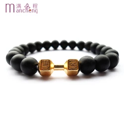 New design Black Onyx Matte Onyx Dumbbell Live Lift Bracelet,Good quality Fitness Barbell Charm Beaded Live Lift Yoja Bracelet