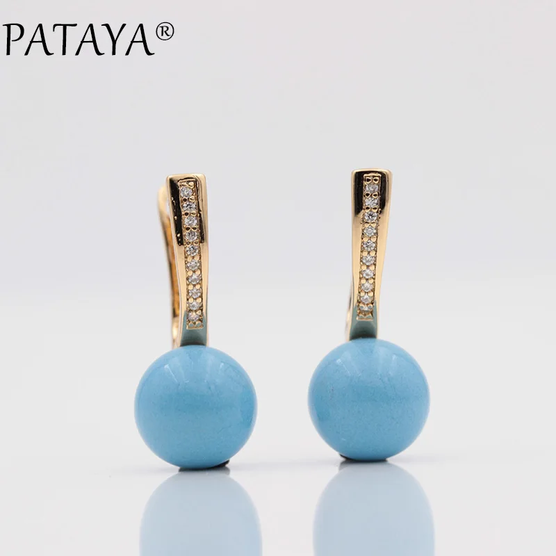 PATAYA New Turkish Blue Shell Pearls White Natural Zircon Drop Earrings 585 Rose Gold Color Women Wedding Party Luxury Jewelry