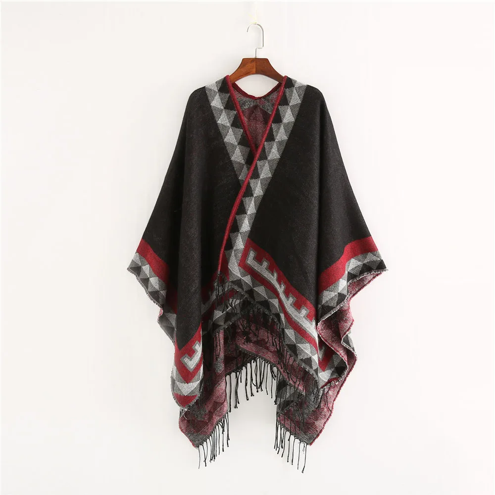 FS-Poncho de Pashmina con borlas geométricas para mujer, bufandas cálidas de estilo indio, abrigo de otoño e invierno