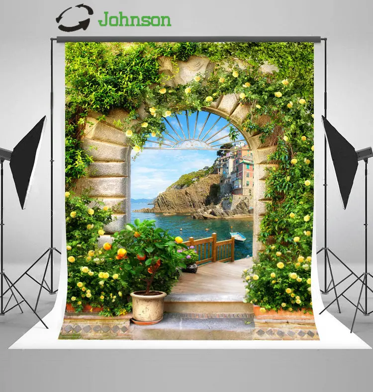 Flower Leaves Arch Door Cottage Coastal Patio Backgrounds polyester Vinyl cloth High quality Computer print wedding backdrops