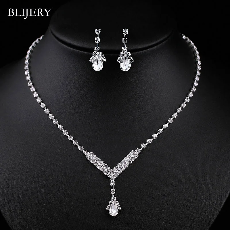 BLIJERY Simple Styles Crystal Wedding Jewelry Sets Silver Color Rhinetsone Necklace Earrings Set for Women Bridal Jewelry Sets