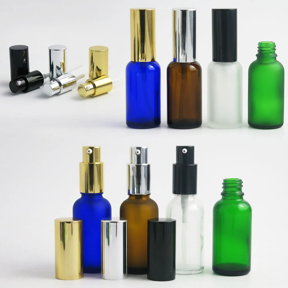 

360 x 30ml Empty Cobalt Blue Amber Green Transparent Frosted Glass Essence Oil Bottle With Lotion Pump 1OZ Shampoo Cream Vials