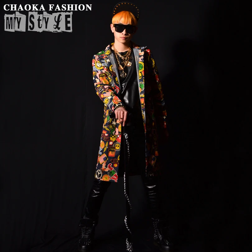 2015 Hot Sale Fashion Men's New Singer Dj Gd Hip Hop Print Long Shirt Stage Costumes Plus Size Men Clothing