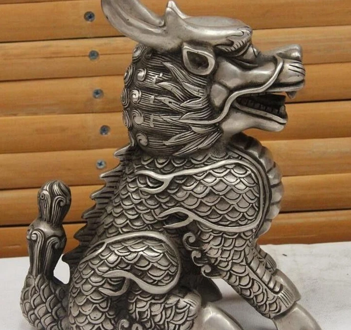 China Royal White Copper Silver Dragon Kirin Kylin Chi-lin Foo Dog beast statue