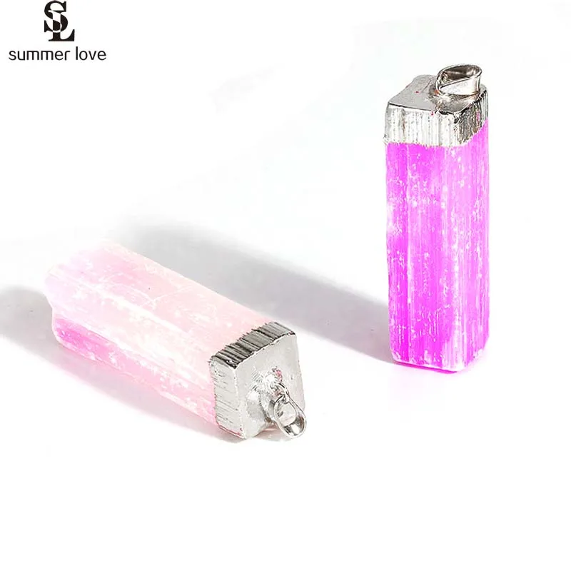 

5PCS Pink Crystal Natural Stone Pendant DIY for Necklace Jewelry Making Silver Plated Rectangle Column Druzy Pendants 2024