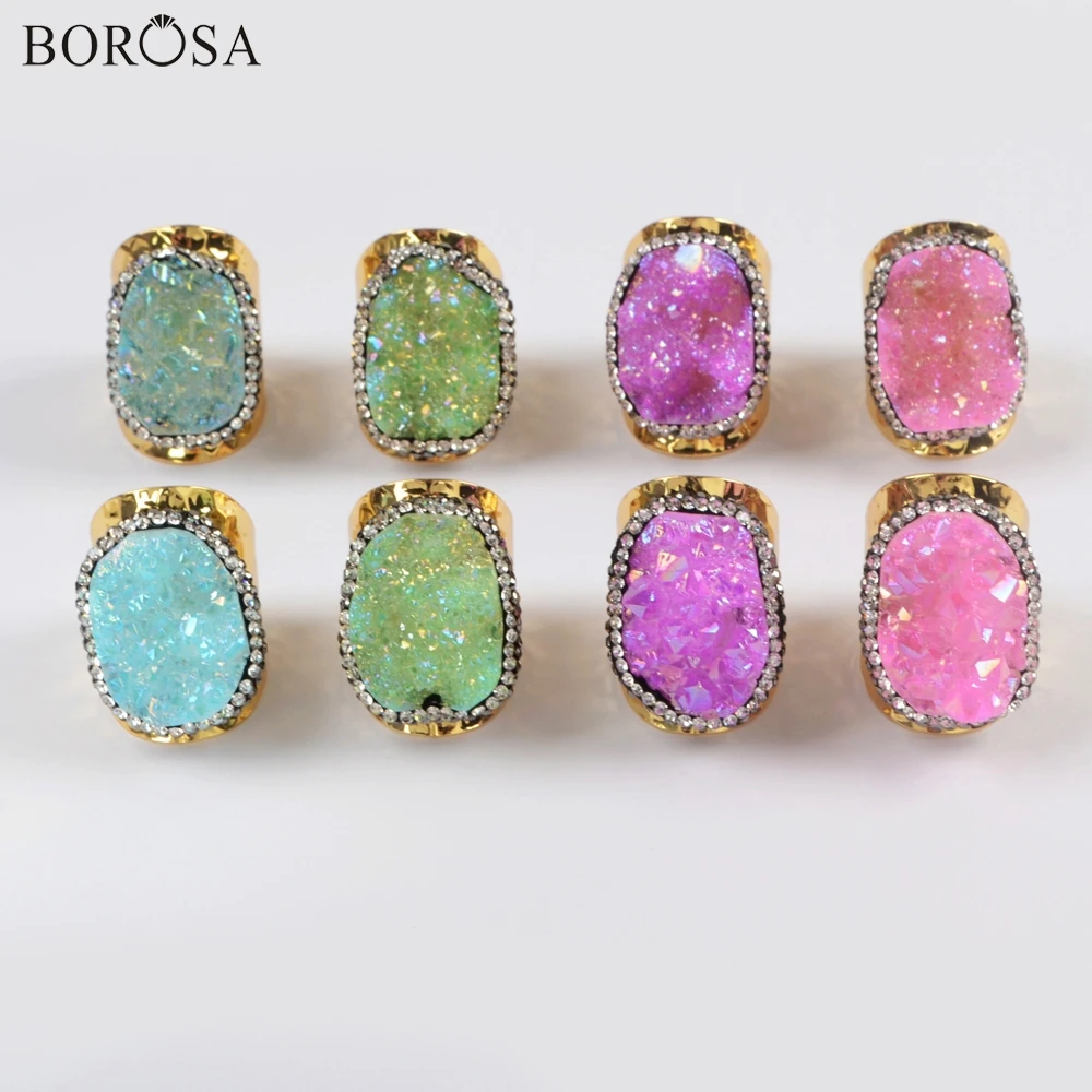 

BOROSA 5Pcs Gild Copper Natural Agates Druzy Band Ring Rhinestone Paved Rainbow Electroplated Drusy Rings Women Rings JAB964