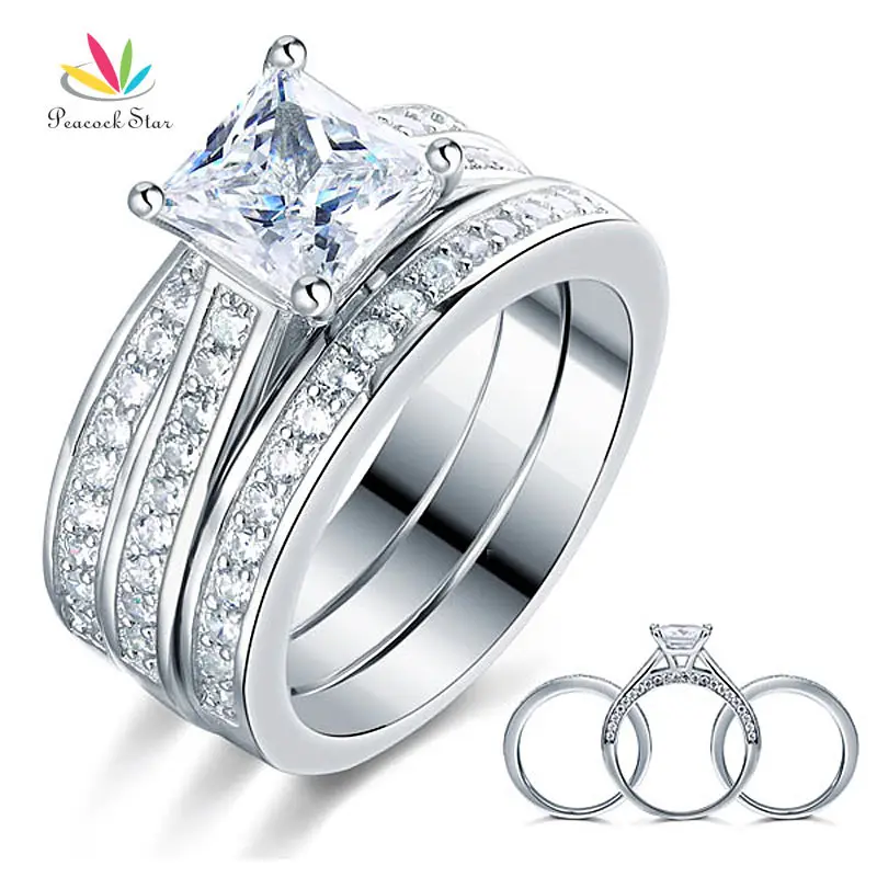 Peacock Star 1.5 Ct Princess Cut Solid 925 Sterling Silver 3-Pcs Engagement Bridal Ring Set Jewelry CFR8197