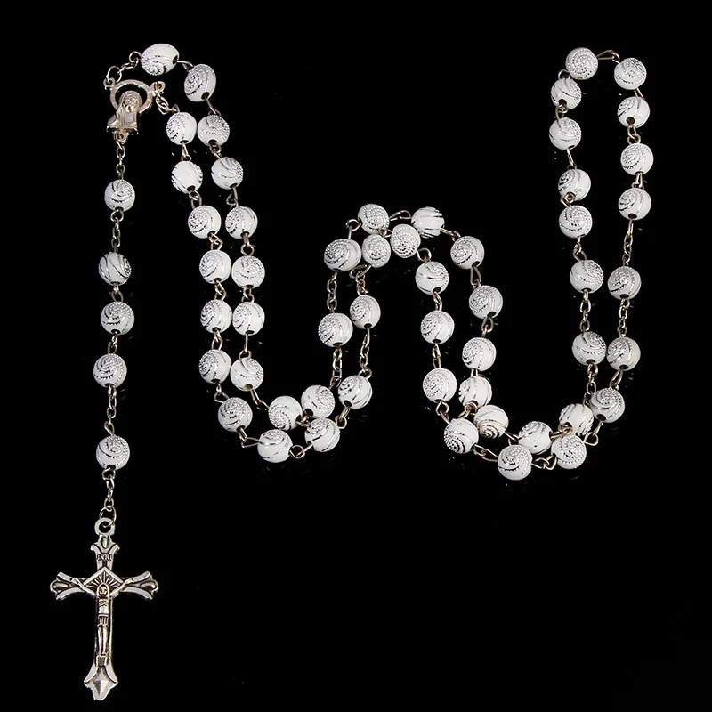 Classic 8MM Spiral Plastic Rosary Necklace, Santa Maria Prayer Necklace, Christian Cross Necklace Religious Jewelry.