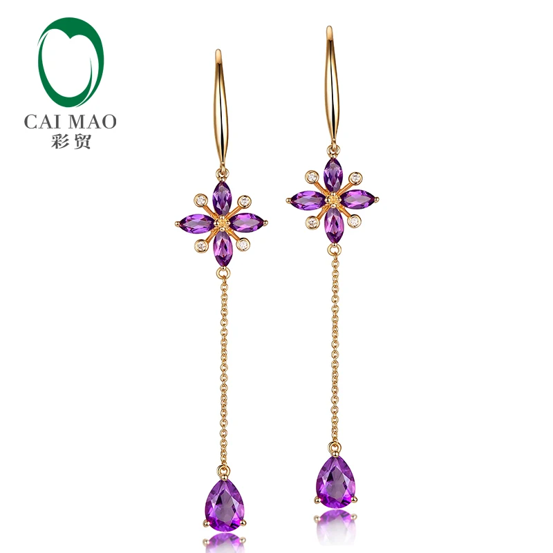 Caimao 2.45ct Purple Amethyst Diamond Dangle 14K Yellow Gold Drop Earrings for Women