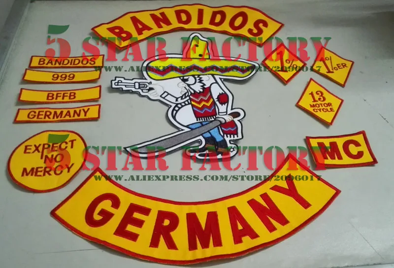 NEW ARRIVED 12PCS/SET BANDIDOS GERMANY MC PATCHES FOR THE JACKET VEST MOTORCYCLE GARMENT CLOTHES PATCHES IRON ON BANDIT PATCHES