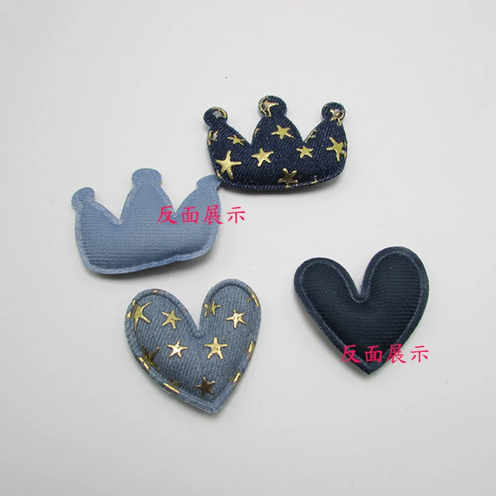 100pcs/lot DIY Denim Crown Heart padded applique Crafts with Gold stars for headwear bag shoe garment accessories Decoration