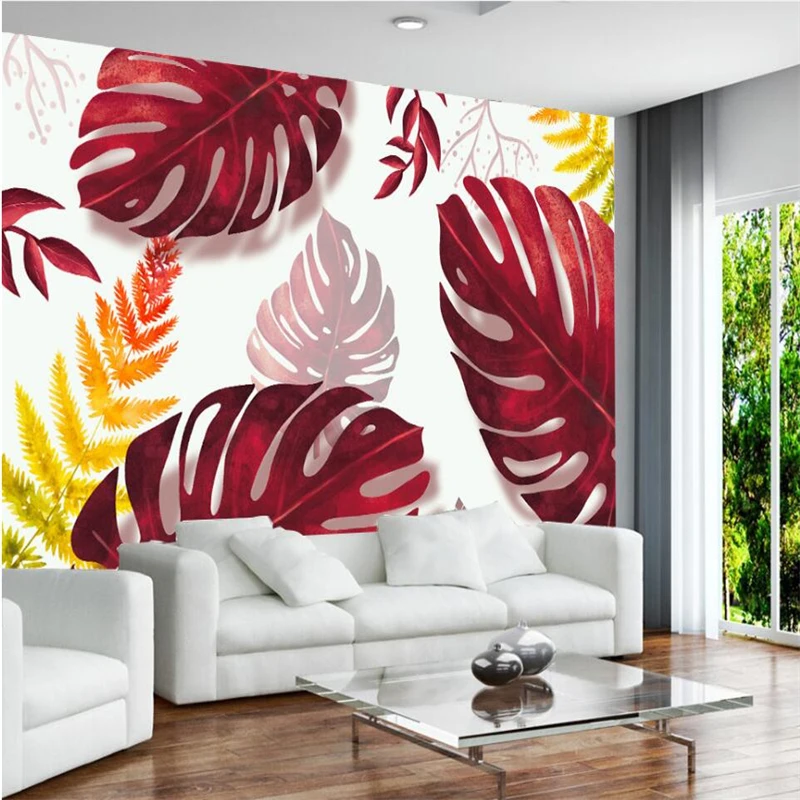 beibehang Nordic red banana leaf living room creative TV background wall custom large mural green silk wallpaper papel de parede