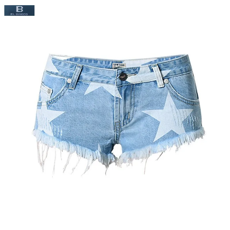 El barco-shorts jeans curtos com estampa de estrelas para mulheres, shorts sexy de algodão, com bolsos, azul claro, moda, verão