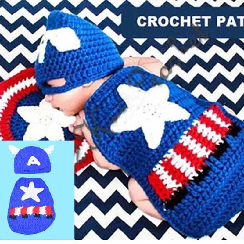 Crochet Pattern Captain America Newborn Photo Prop Outfit Knitted Baby Hat with Cape Handmade Infant Costume Set H231