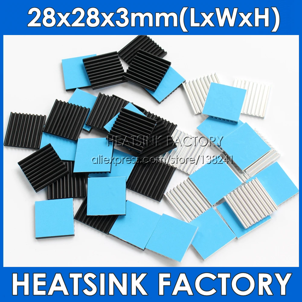 

28x28x3mm Silver / Black Anodized Aluminum Shim Cooling Heat Sink Cooler Radiator Heatsink With Thermally Conductive Tape Pad