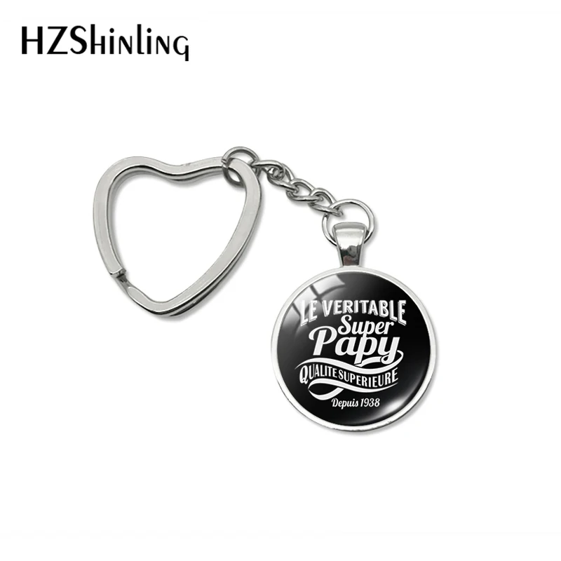 New Super Papy Heart Key Chains Holder Glass Dome Pendant Fashion Color French Word Grandpa Gifts Car Keyring Fob Jewelry