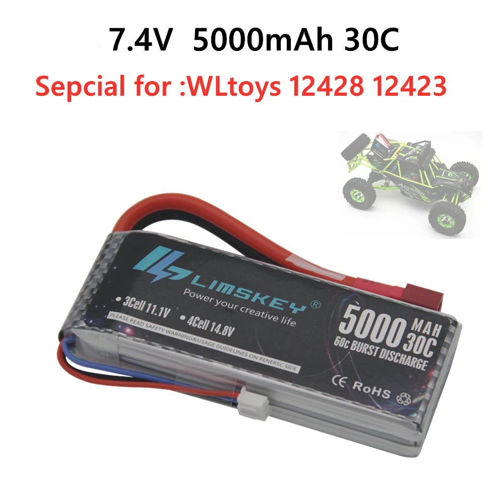 Limskey New Version Good Quality Rc Lipo Battery 7.4V 5000mah 2S 30C Max 60C for Wltoys 12428 12423 1:12 RC Car Spare parts