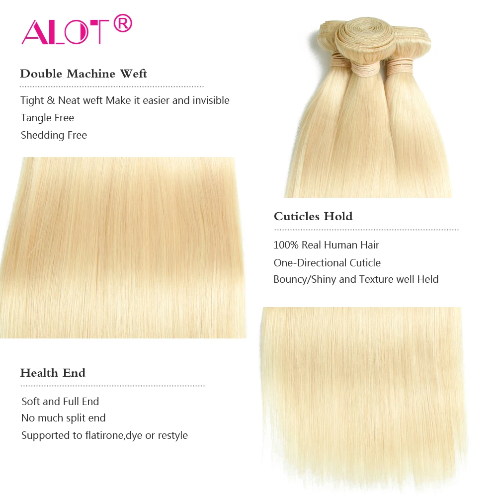 613 Blonde 3 Bundles With Closure Brazilian Straight Double Weft 613 Human Hair Weave Bundles With HD Lace Closure Remy 4 Pcs
