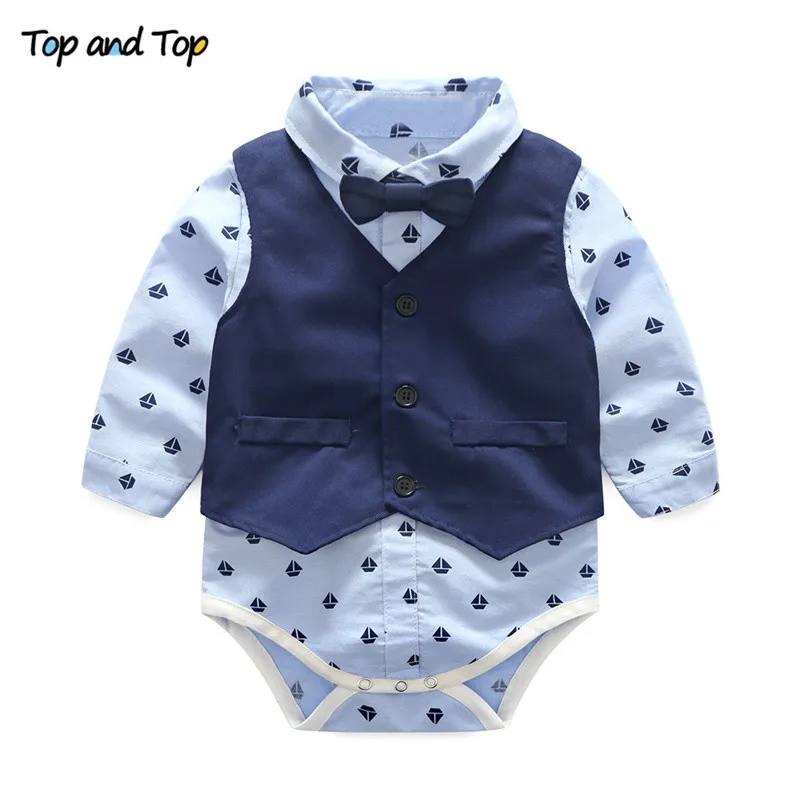 Top and Top Autumn Fashion infant clothing Baby Suit Baby Boys Clothes Gentleman Bow Tie Rompers + Vest + pants Baby Set