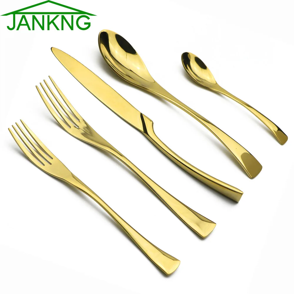 JANKNG 5Pcs/Lot Stainless Steel Dinnerware Set Service for 1 Black / Rose Gold / Silver Cutlery Knife Fork Dessert Fork Teaspoon