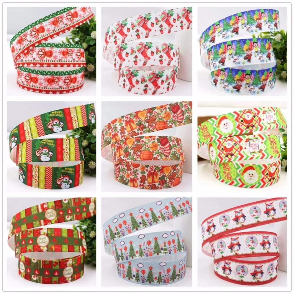 YJHSMY 9 Style1493169,22/25mm 5yard/lot Christmas Printed grosgrain ribbon, DIY handmade materials,headwear accessories, wedding