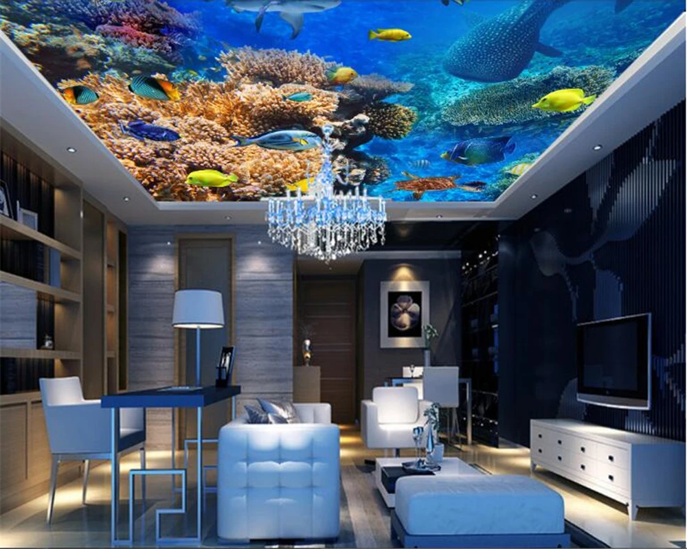 

beibehang Custom top view wallpaper beautiful undersea world fish biological ceiling murals papel de parede 3d papier peint