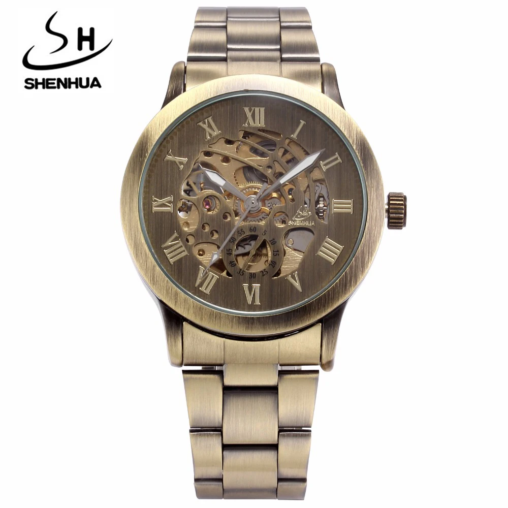 2022 SHENHUA Top Brand Retro Mechanical WristWatches Men Stainless steel Automatic Skeleton Male Watches Clock Relogio Masculino