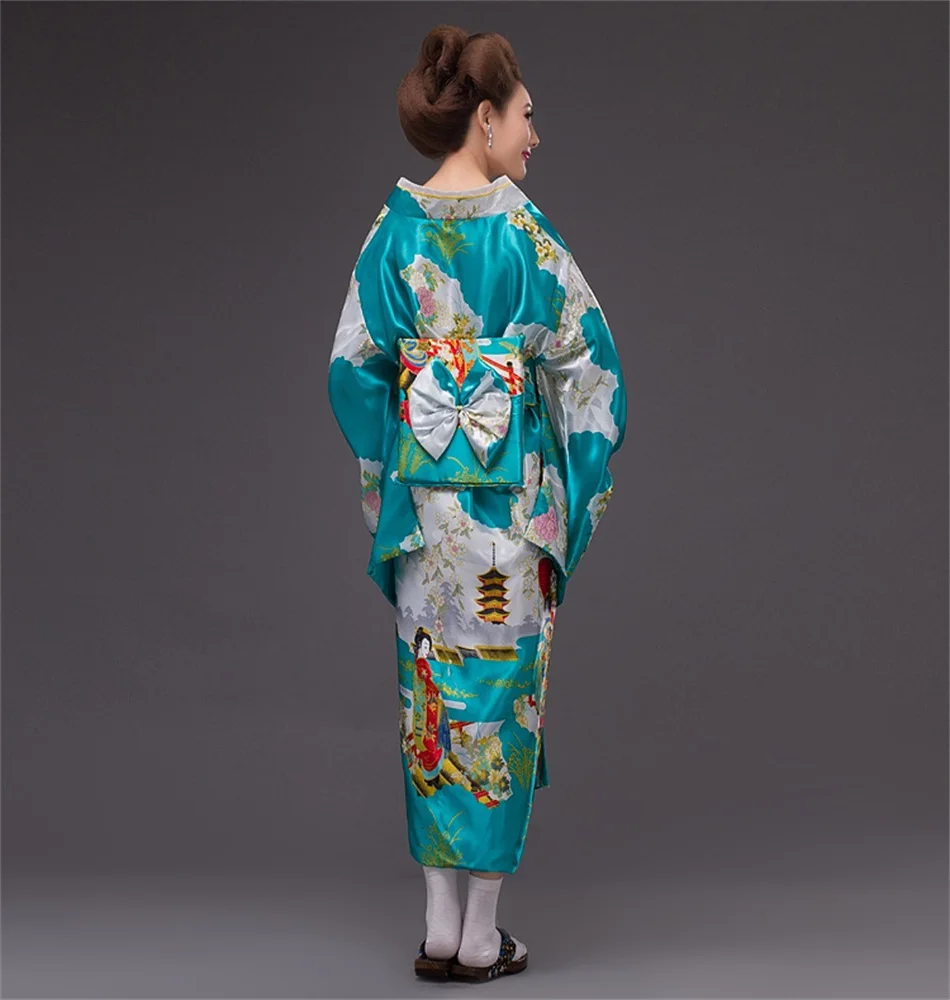 New Blue Yukata Japanese Women\'s Silk Kimono Vintage Original Tradition Dress with Obi One size