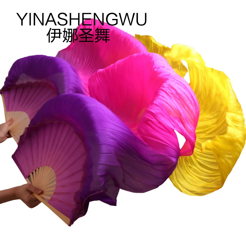 1 Pair Dance Fans Bamboo Ribs Natural Silk Stage Performance Props Dye Fans Women Belly Dance Silk Fans purple+rose+yellow