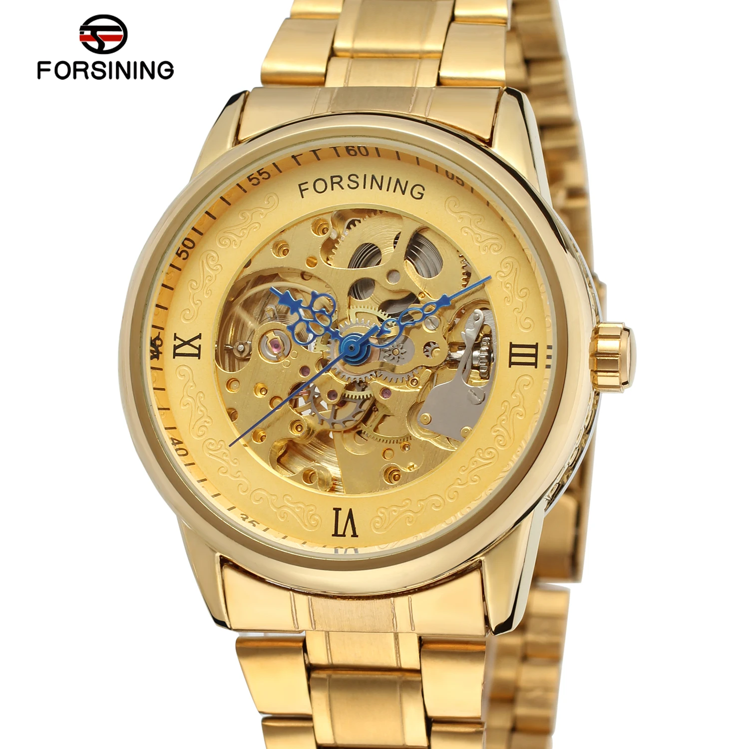 Fashion FORSINING Top Brand Luxury Gold Steel Men Watch Blue Skeleton Point Design Automatic Self-Wind Skeleton WristWatches