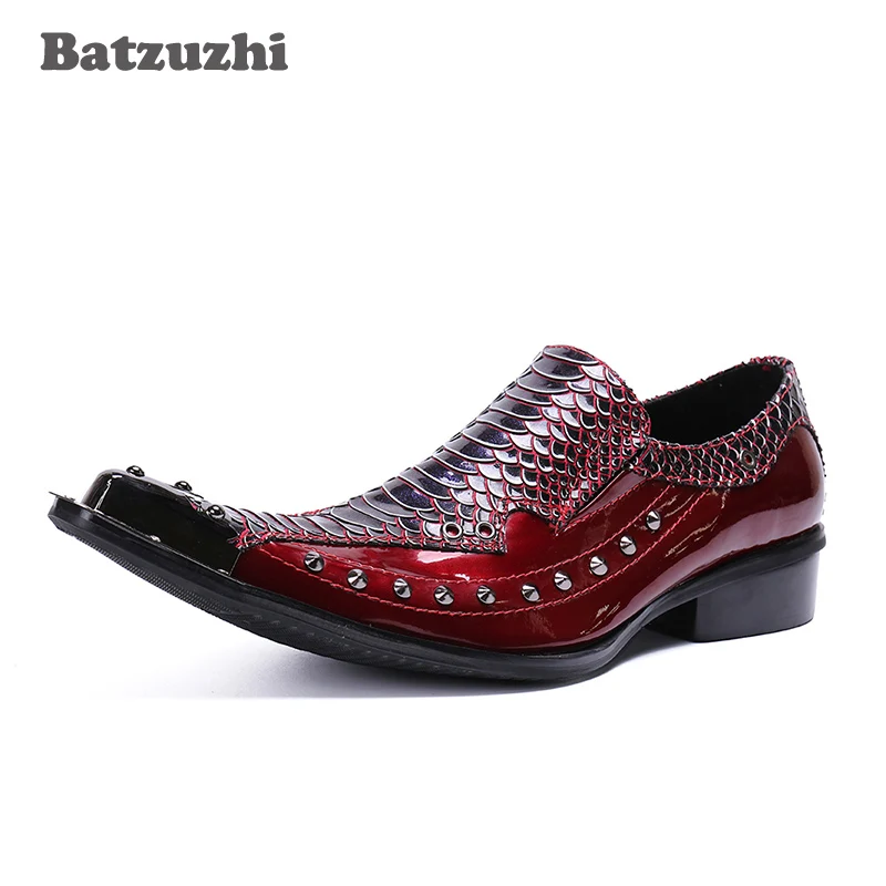 2024 Luxury Chaussures Hommes Genuine Leather Shoes Men Pointed Metal Toe Fish Scales Rivets Oxford Shoes for Men Red Wedding,46