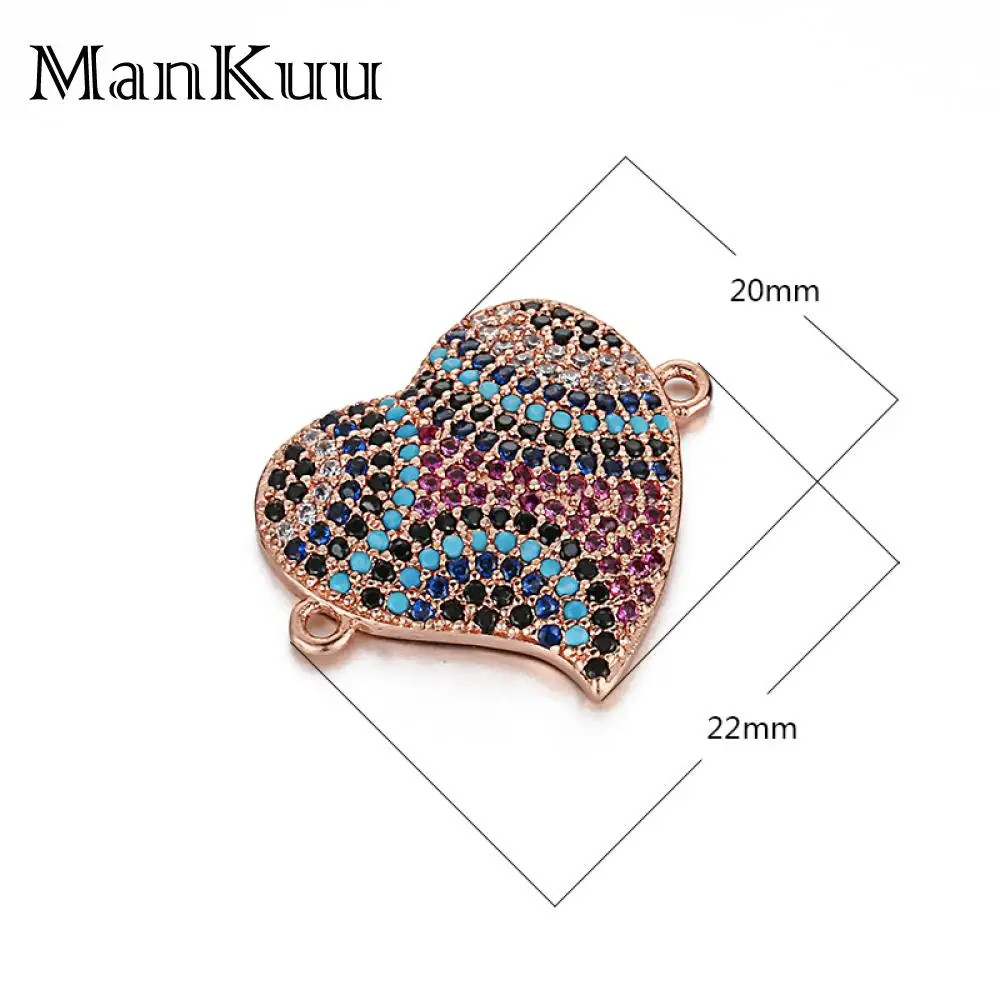 Mankuu Colorful Abstract Crooked Heart Connector Charms Fashion Gold Plating Cubic Zircon Connectors For Jewelry Making 5pcs/Lot