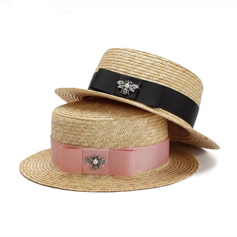 Luxury Brand Women And Children Straw Sun Hats Fashion Bee Sun Summer Hat For Girls Lady Handmade Flat Panama Beach Hat Party