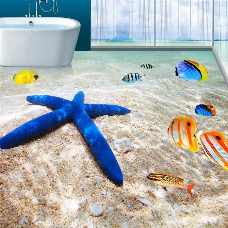 

beibehang floor painting mural HD beach scenery starfish non-slip waterproof thickened self-adhesive PVC Wallpaper sticker