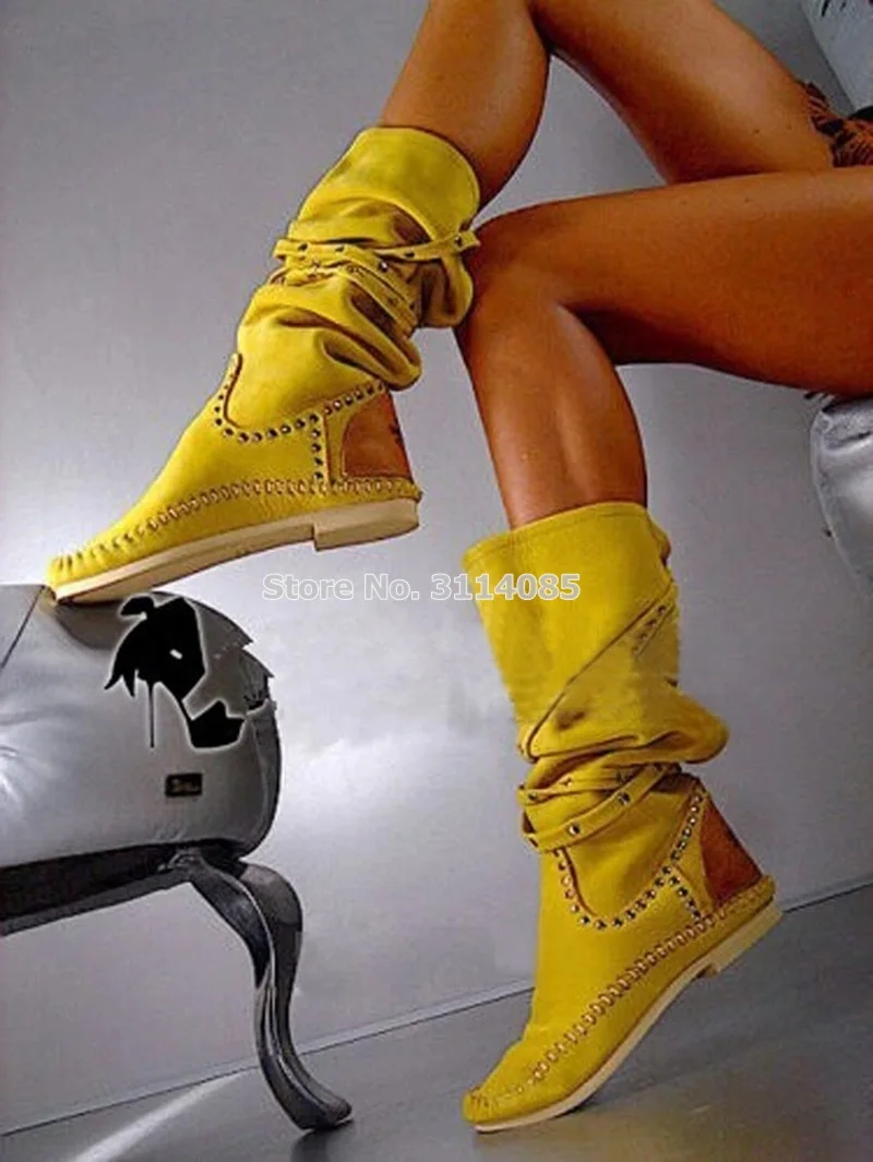 

Women Hot Selling Yellow Milk White Flat Knee High Motorcyle Boots Gold Studded Gladiator Boots Rivets Tall Boots Winter Shoes