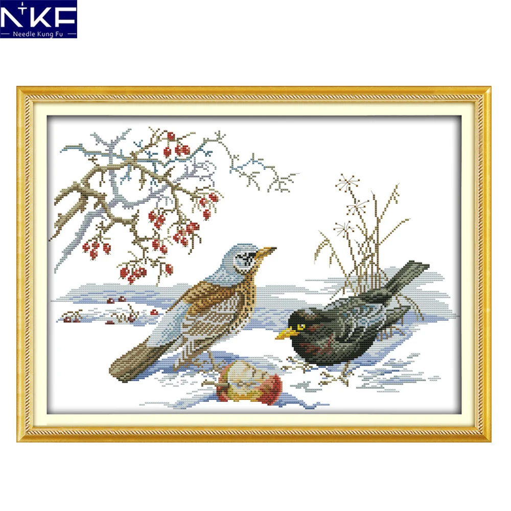 NKF The Birds The In Snow Pattern Handmade Craft Needlework Cross Stitch Set Embroidery Kit Printed Design Stitching Home Decor