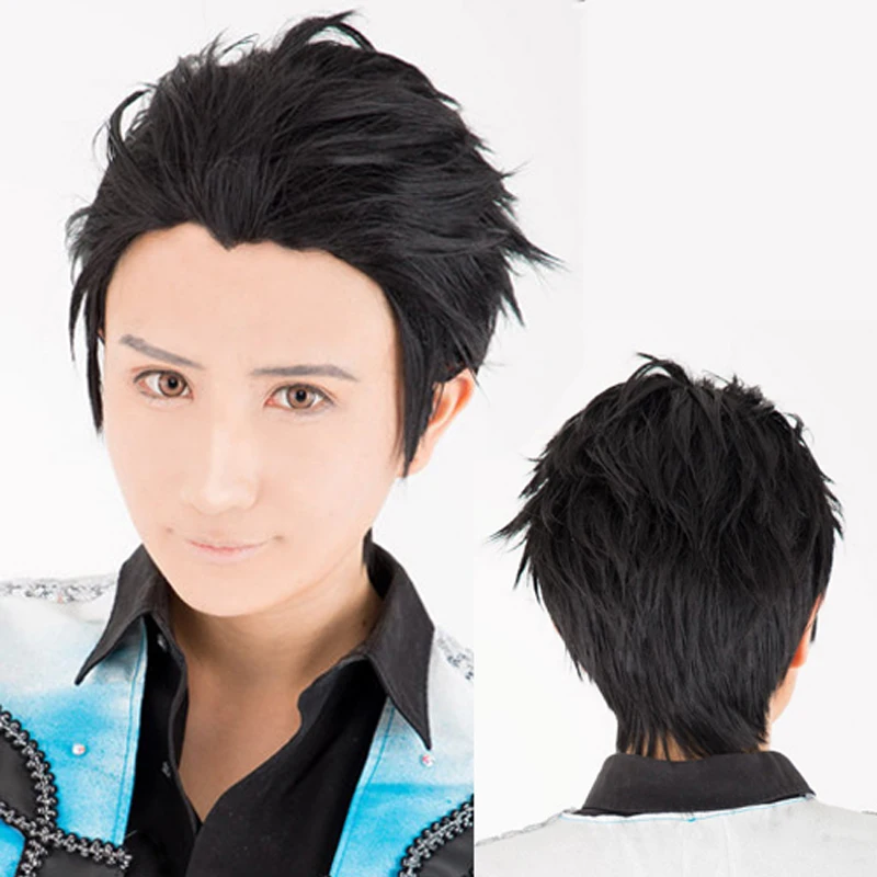 Katsuki Yuri Black Short Wig Cosplay Pale hair Slicked-back Cosplay Synthetic Hair +Free Wig Cap