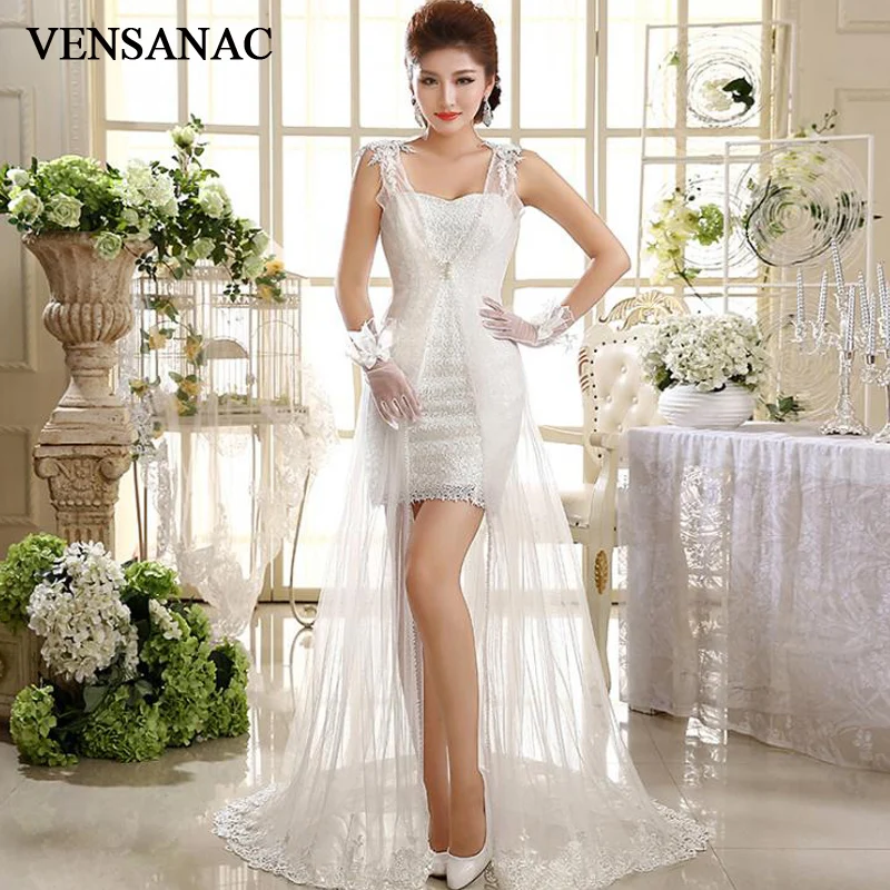 

VENSANAC Sweetheart Lace Appliques Mermaid Wedding Dresses Crystal Sweep Train Illusion Back Bridal Gowns