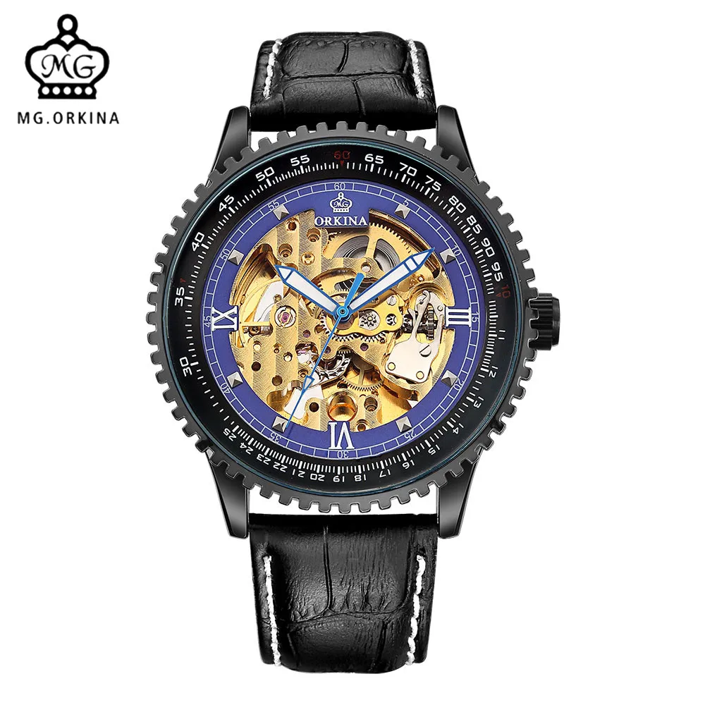 MG. ORKINA Watches Men Big Dial Geared Case Blue Leather Belt Male Automatic Wristwatch Golden Skeleton erkek saatleri