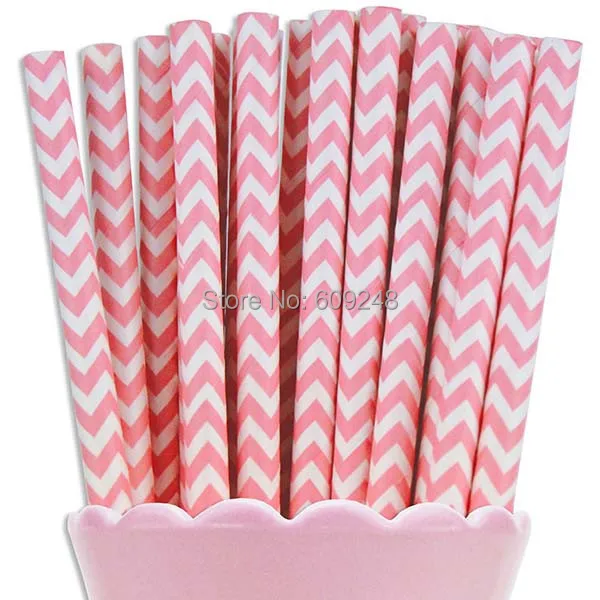 100 Pcs Mixed Colors Printed Pink Chevron Paper Straws, Cheap Vintage Biodegradable Decorative Party Paper Drinking Straws