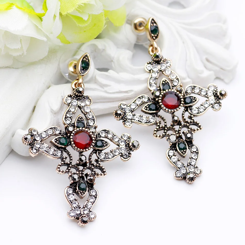 Religious Jewelry Vintage Cross Earrings Women Antique Gold Color Round Resin Dangle Earring Hollow Flower Ethnic Retro Earring