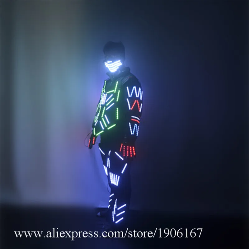 Colorful Led Illuminated Robot Suit With Mask Gloves Outfits Nightclub Led Luminous Clothing LED Magic Light Up Clothes Armor