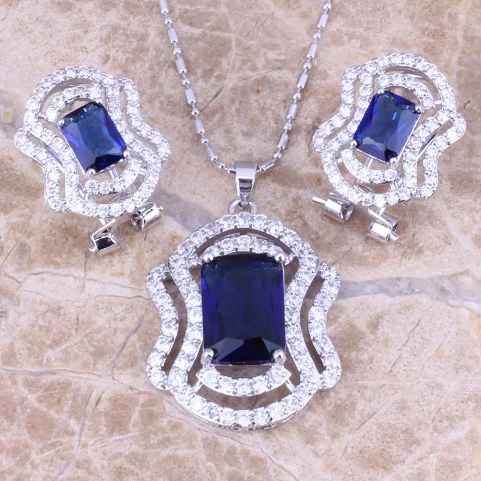 Splendid Blue Cubic Zirconia White CZ Silver Plated Earrings Pendant Necklace Jewelry Sets S0767