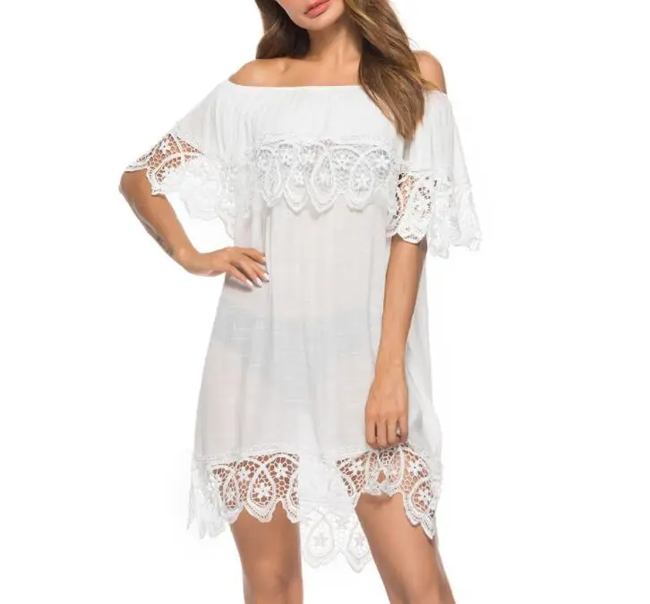 2022 Fashion Women Elegant Vintage sweet lace white Dress Sexy Slash Neck Casual Slim Beach Summer Sundress vestidos