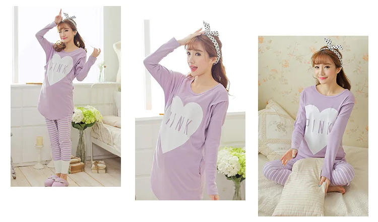 Plus Ukuran L-XXL Musim Gugur Kapas Lengan Panjang Maternity Sleep Lounge Menyusui Pakaian Set Hamil Piyama Menyusui