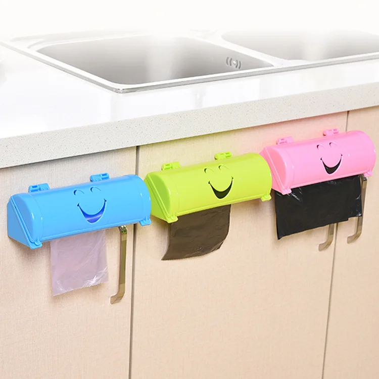 1PC Smile Face Garbage Bags Storage Box Container Wall-mounted Plastic Bag Holder Kitchen Grocery Dispenser Bathroom OK 0600