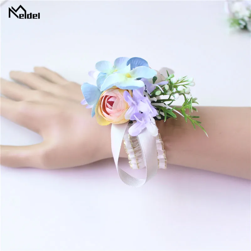 Meldel stanik mężczyźni Boutonniere Pin Bridal Wrist Corsages burgundii druhna różowy bransoletka Groom Prom ślub kwiat akcesoria