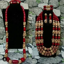 Big Luxury Real Coral Beads Wedding Jewelry Sets Wine Red African Coral Bridal Couple Jewelry Sets for Bride and Groom ABH711