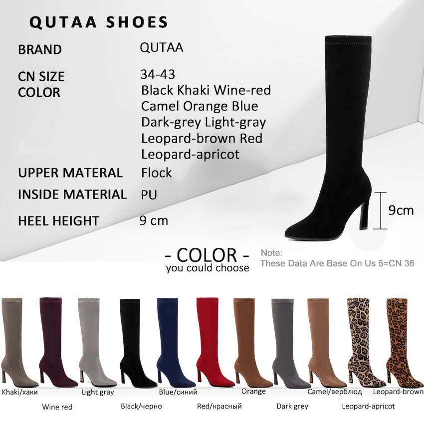 QUTAA 2020 High Heels Women Boots Mid Calf Shoes Sexy Pointed Toe Winter Autumn Stretch Suede Slip on Woman Boots Size 34-43